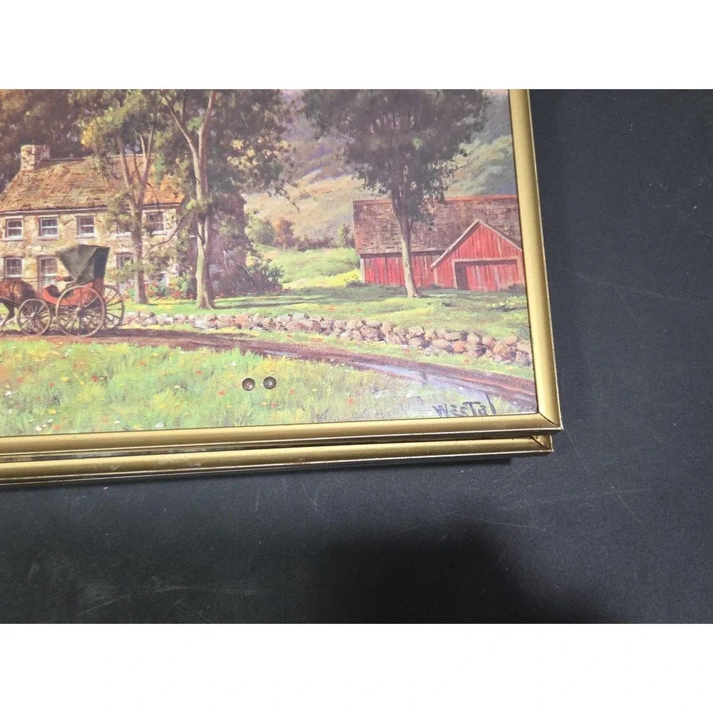 Vtg Westal complete 5-Piece TV Tray Set Mid‎ Century Farm Barn Nature Folding